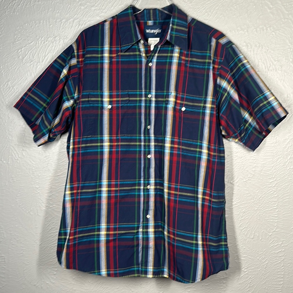 Wrangler Nay Blue Red White Plaid Short Sleeve Button Up Shirt Men's Siz… - Picture 1 of 6